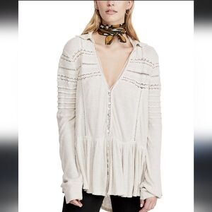 Free People off white Set to Stun lace inset tunic top long sleeves Small